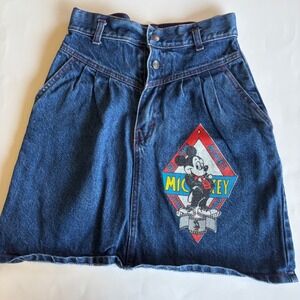 Vintage‎ Silver Unicorn Mickey Mouse Denim Skirt High Waist Red Stitch Blue 12